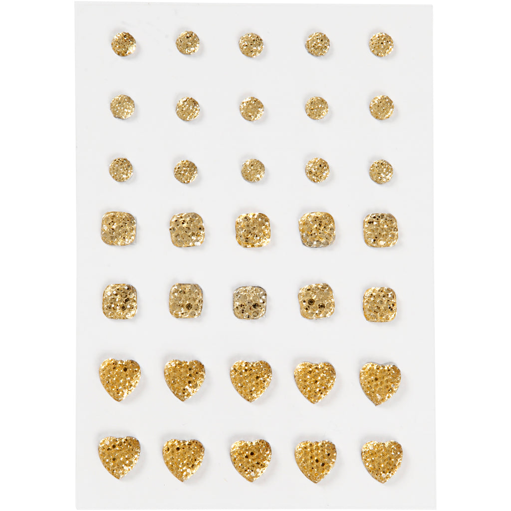 Rhinestones, round, square, heart, size 6+8+10 mm, gold, 35 pc