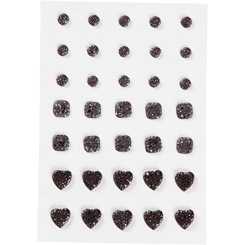 Rhinestones, round, square, heart, size 6+8+10 mm, black, 35 pc