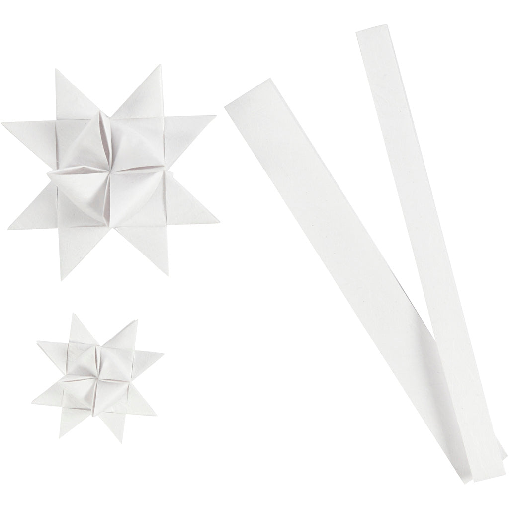 Paper star strips, L: 44+78 cm, dia. 6,5+11,5 cm, W: 15+25 mm, white, 32 strips