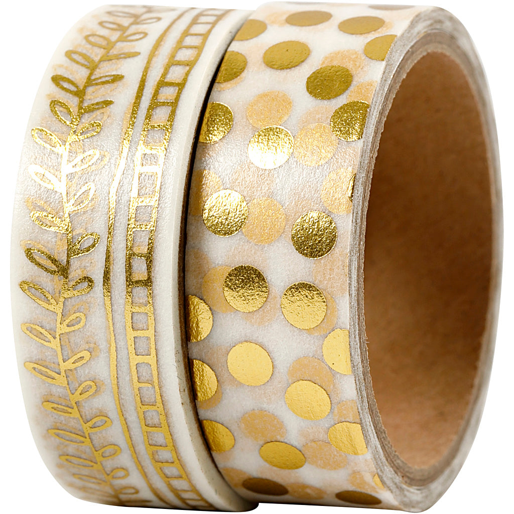 Washi Tape, rake and dots - foil, W: 15 mm, gold, 2x4 m