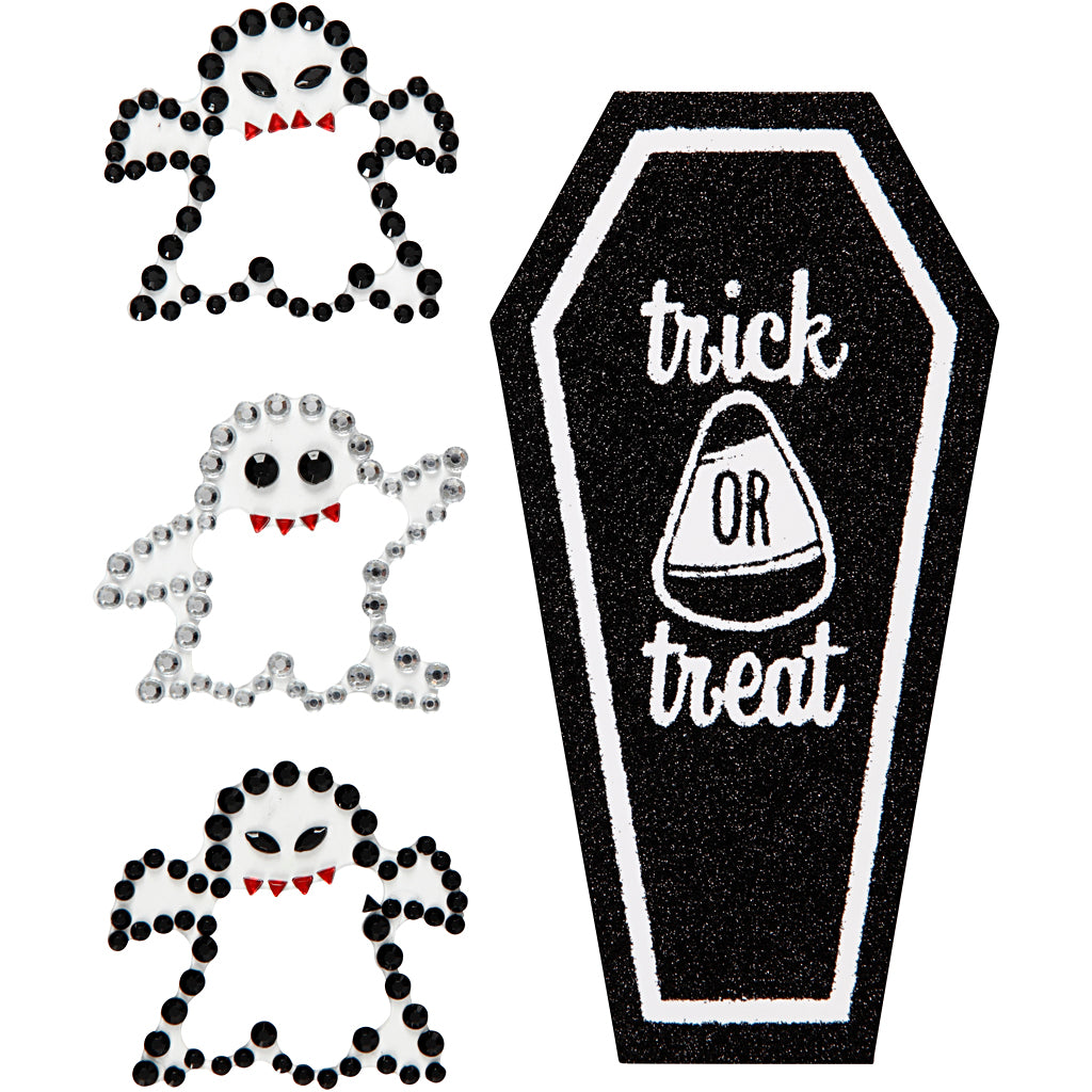 Rhinestone Stickers, ghosts and coffin, sheet 14x17 cm, 1 sheet