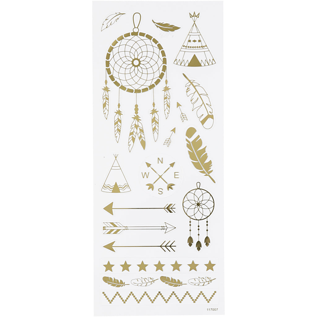 Stickers, Native American, sheet 10x24 cm, ca. 17 pc, gold, 1 sheet