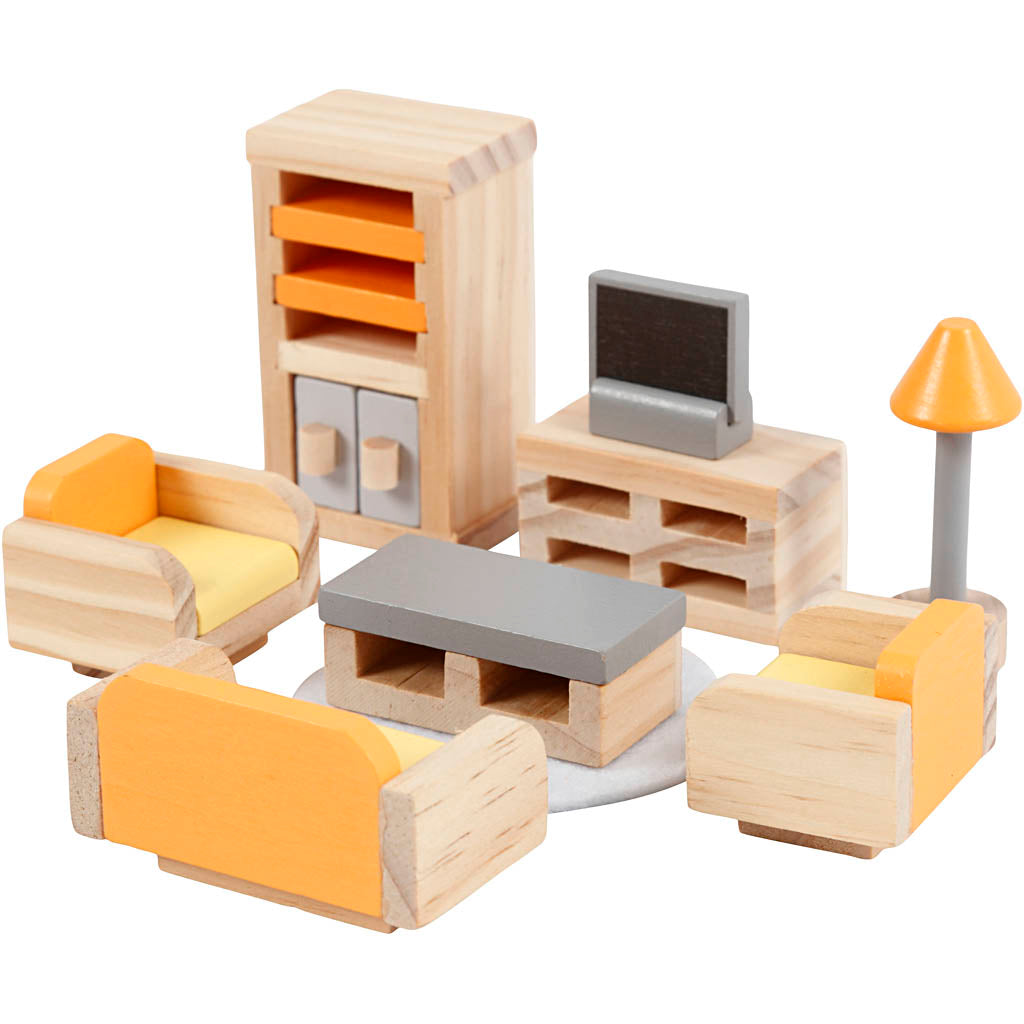 VIGA Doll house furniture, Living room, size 2x2x7,5 cm, 8 parts/ 1 set