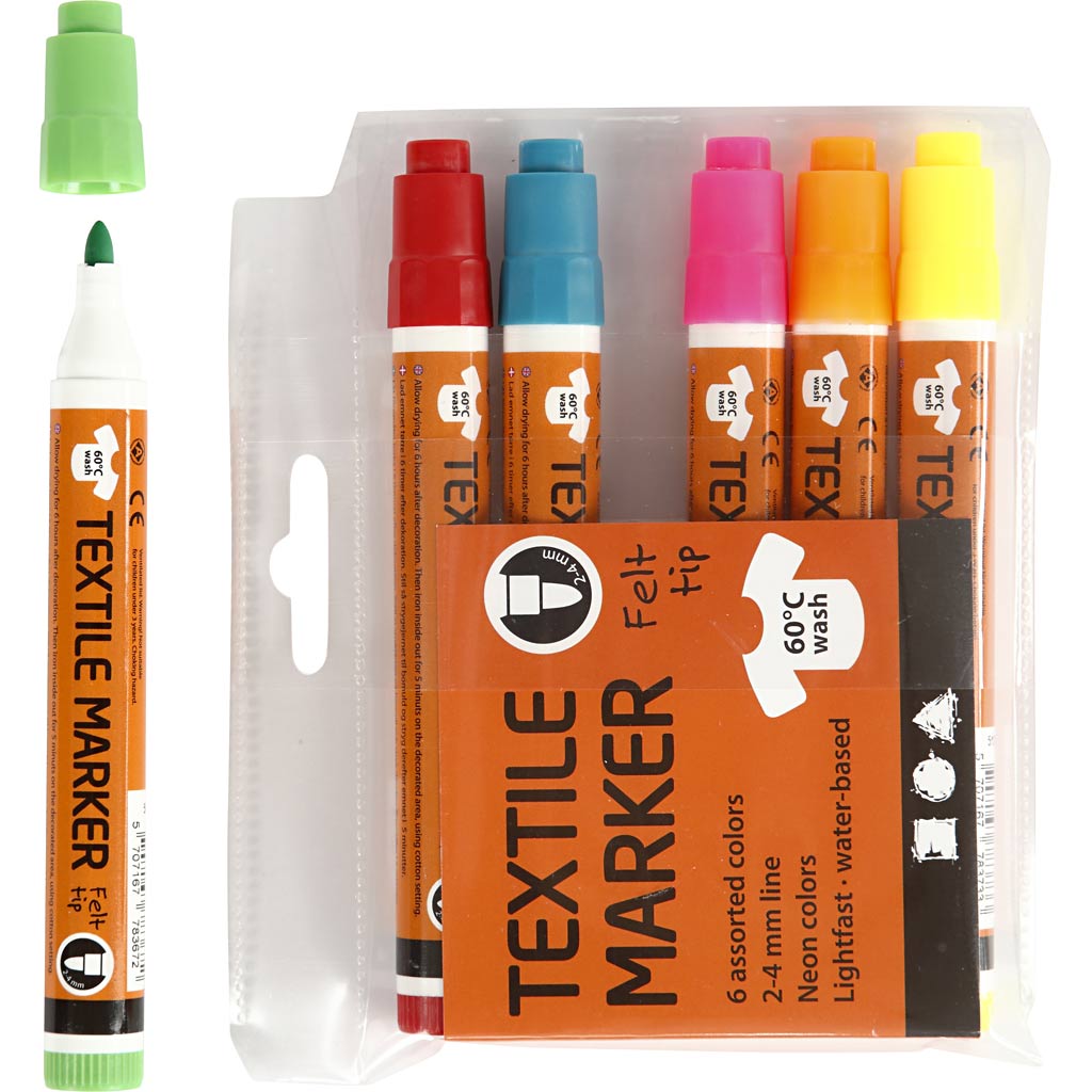 Textile Markers, line 2-4 mm, neon colours, 6 pc