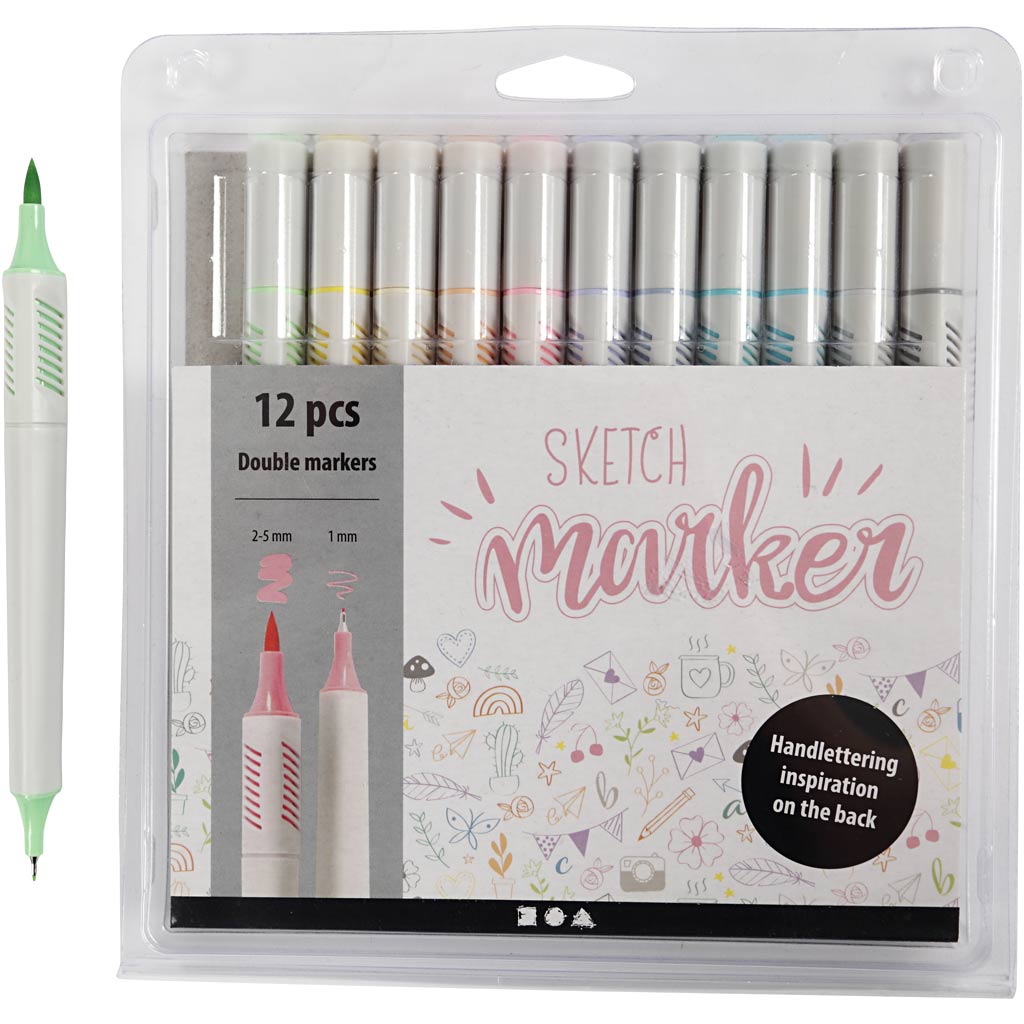 Sketch markers, line 1+2-5 mm, pastel colours, 12 pc