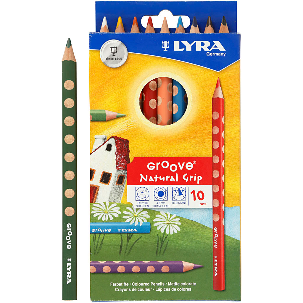 Groove Colouring Pencils, L: 18 cm, lead 4.25 mm, assorted colours, 10 pc