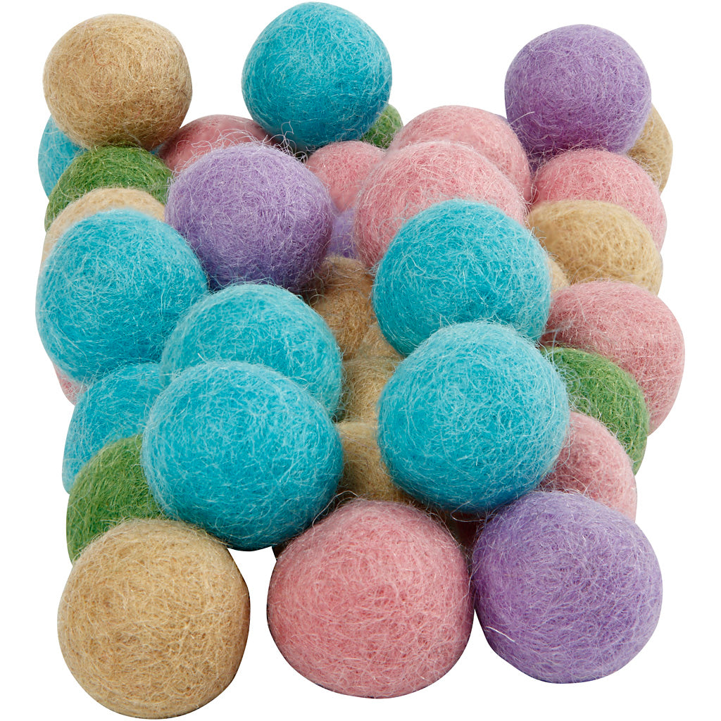 Felt balls, dia. 20 mm, pastel colours, 64pc