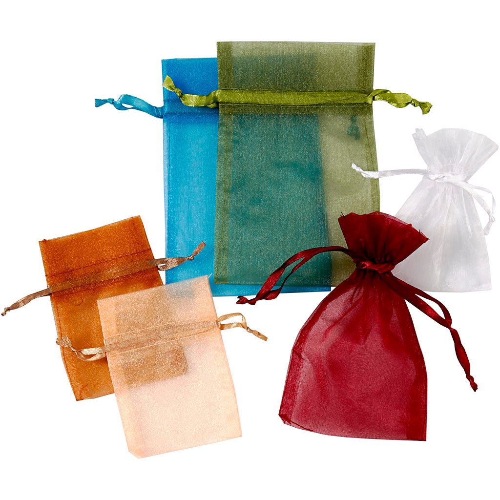 Organza Bags, size 7x10+10x15 cm, assorted colours, 30 pc