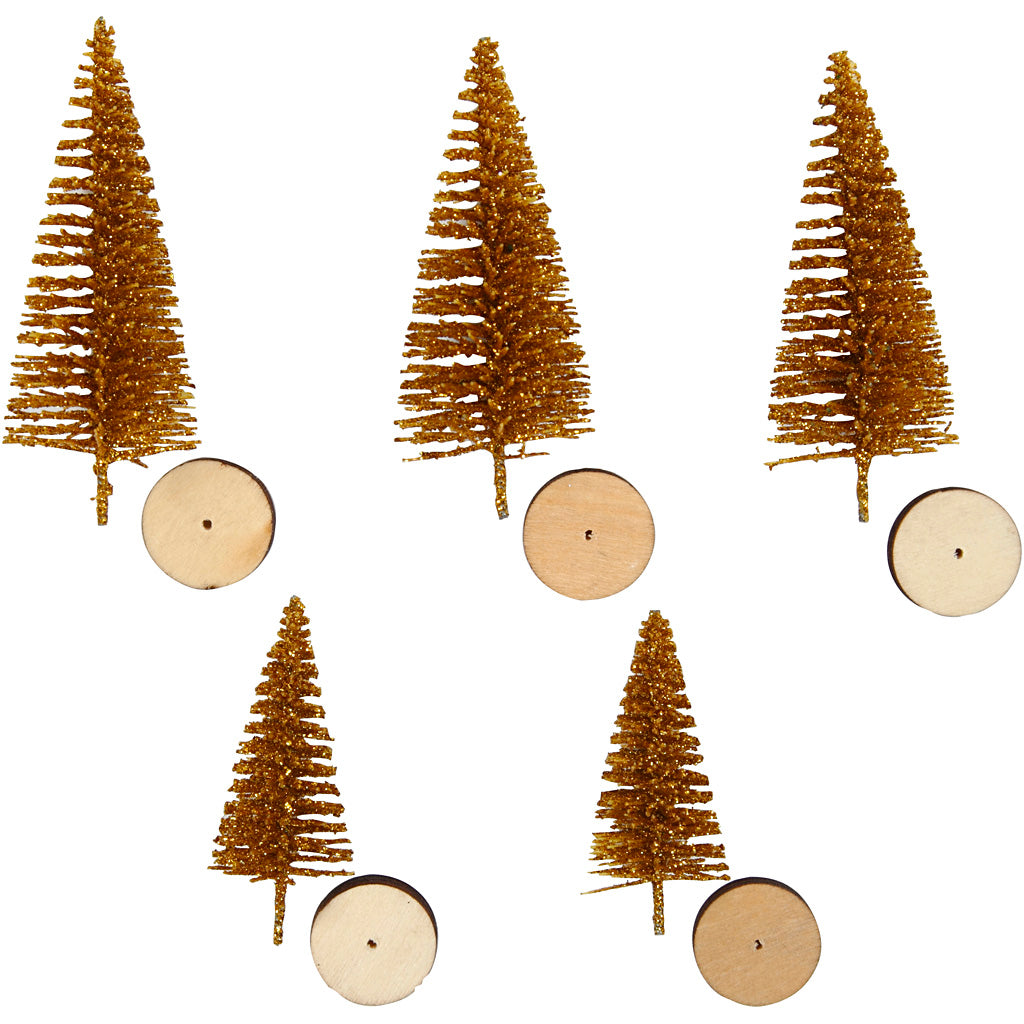 Christmas Spruce Trees, H: 40+60 mm, gold, 5 pc