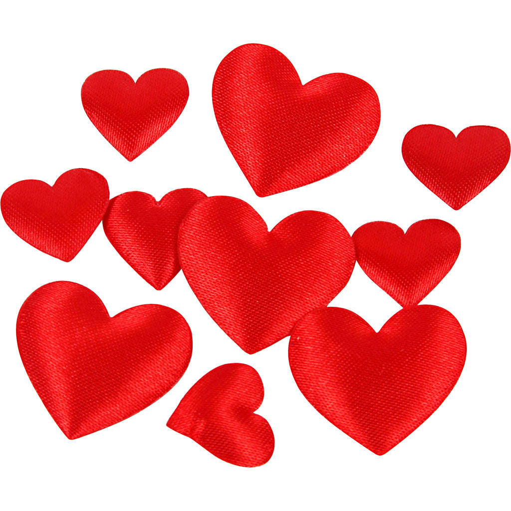 Satin Hearts, size 10+20 mm, thickness 1-2 mm, red, 70 pc