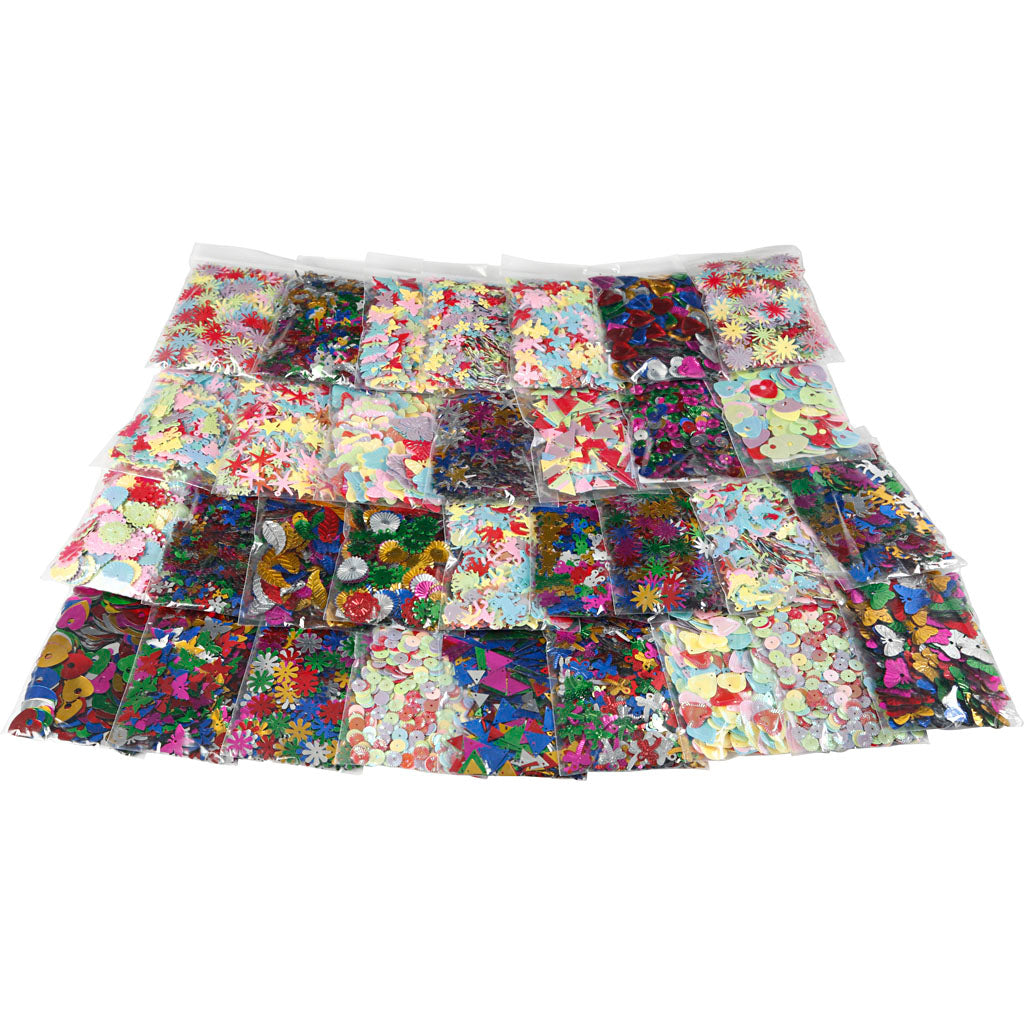 Multi Paillette Mix, size 7-30 mm, assorted colours, 32x25 g