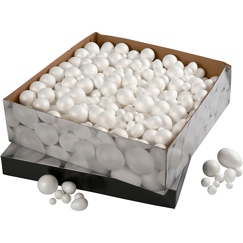 Polystyrene Balls & Eggs, size 1,5-6,1 cm, white, 550 pc