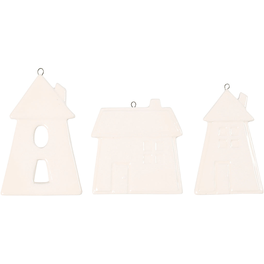 Hanging Ornaments, houses, H: 7,6-9,7 cm, white