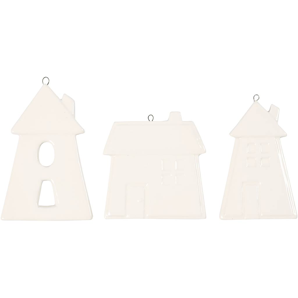 Hanging Ornaments, houses, H: 7,6-9,7 cm, white, 18 pc