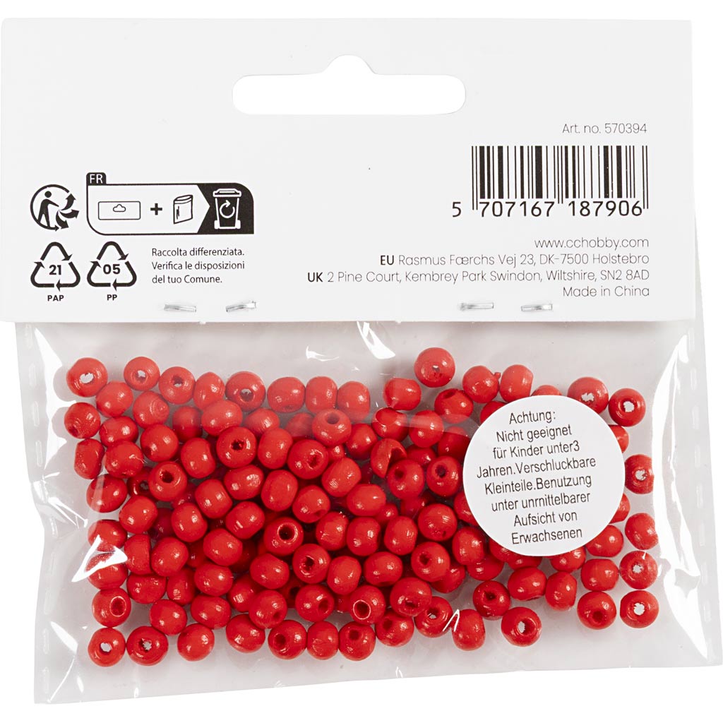 Wooden Beads, dia. 5 mm, hole size 1,5 mm, ca. 150 pc, red, 6 g