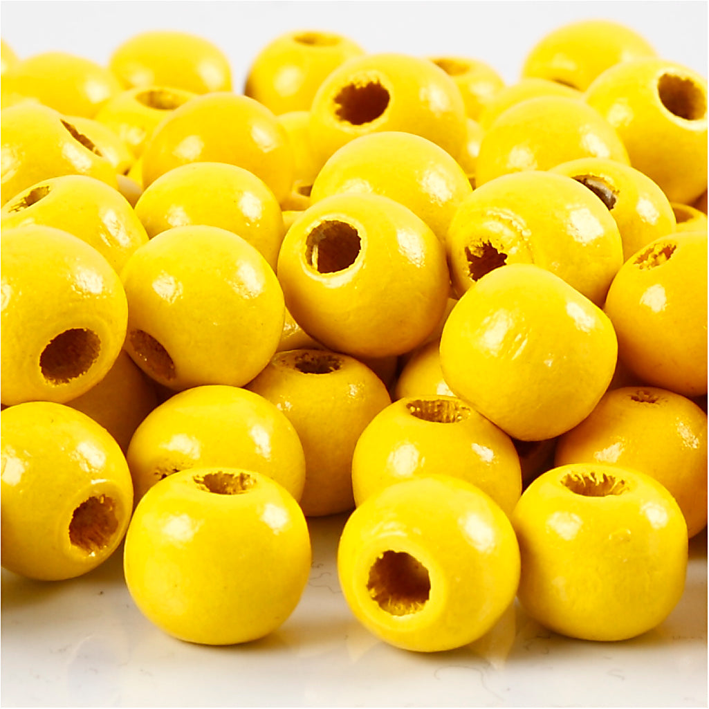 Wooden Beads, dia. 12 mm, hole size 3 mm, ca. 40 pc, yellow, 22 g