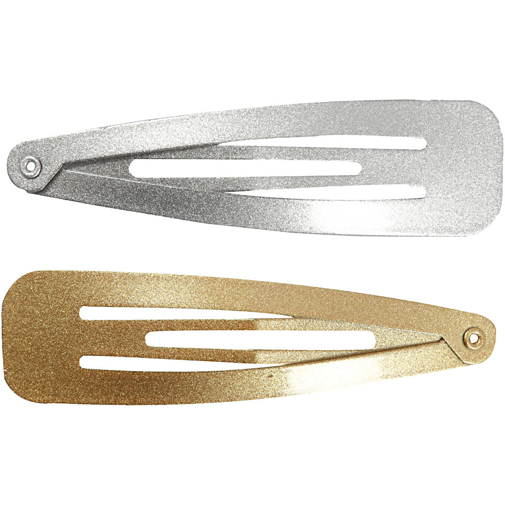 Hair Slide, L: 66 mm, W: 17 mm, gold, silver, 4 pc