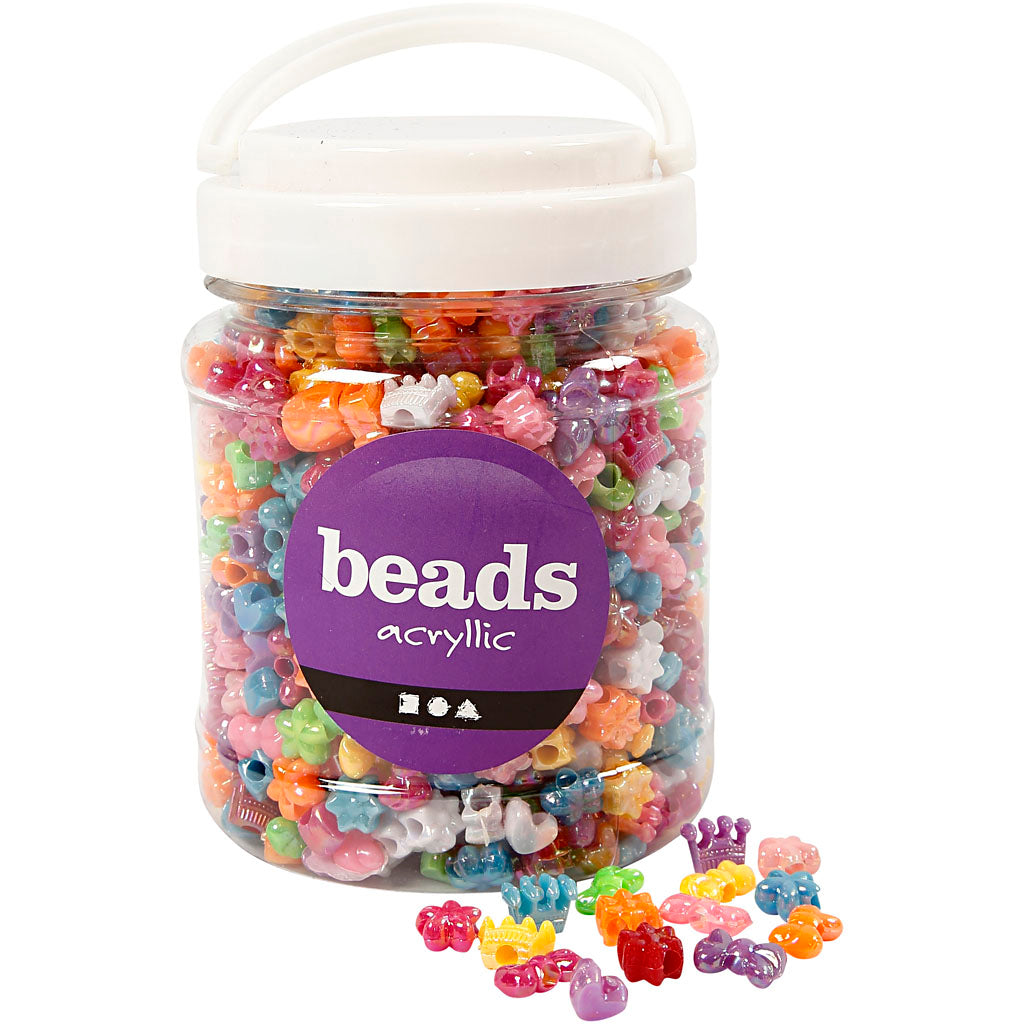 Novelty Beads, dia. 10 mm, hole size 3 mm, ca. 1100 pc, assorted colours, 380 g, 700 ml/ 1 tub