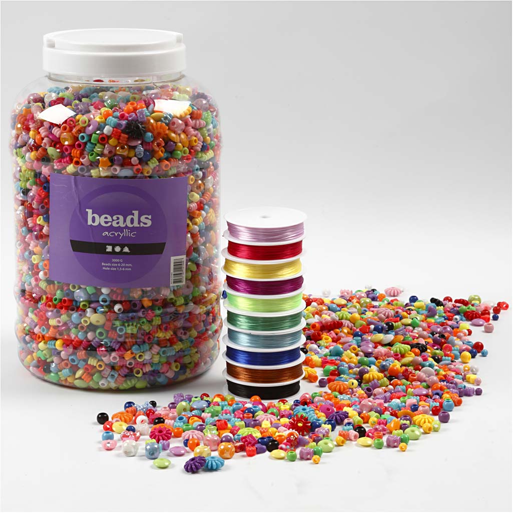Plastic Beads and Elastic Beading Cord, size 6-20 mm, hole size 1,5-6 mm, ca. 3000 g, 1 pack