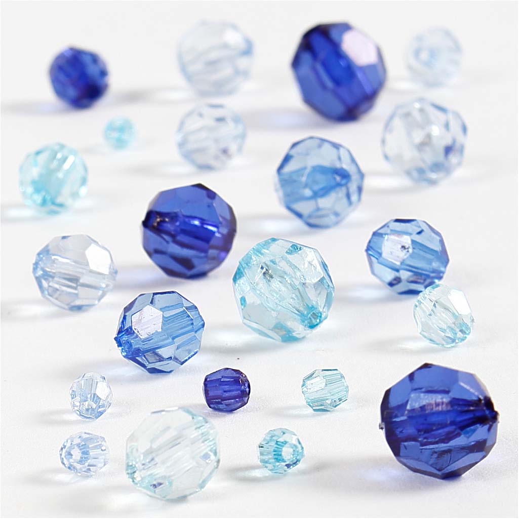 Facet Beads, size 4-12 mm, hole size 1-2,5 mm, ca. 170 pc, blue harmony, 45 g