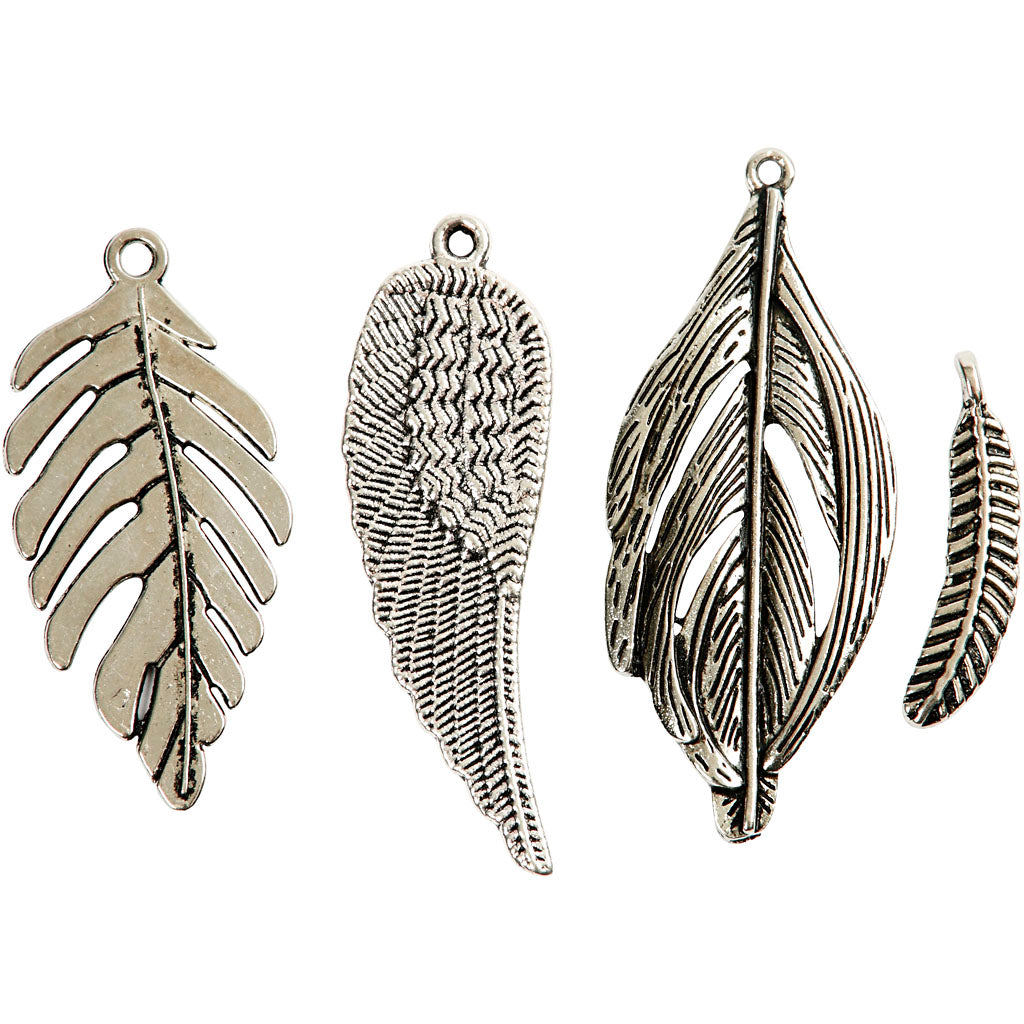 Feather, size 29-55 mm, hole size 12-20 mm, antique silver, 4 pc