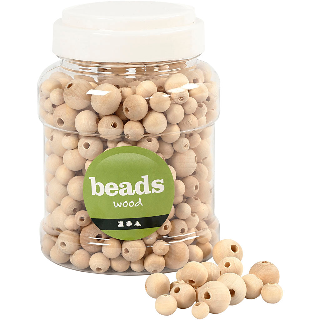 Wooden Beads, dia. 8+10+12+15 mm, hole size 2-3 mm, ca. 532 pc, 175 g, 400 ml/ 1 bucket