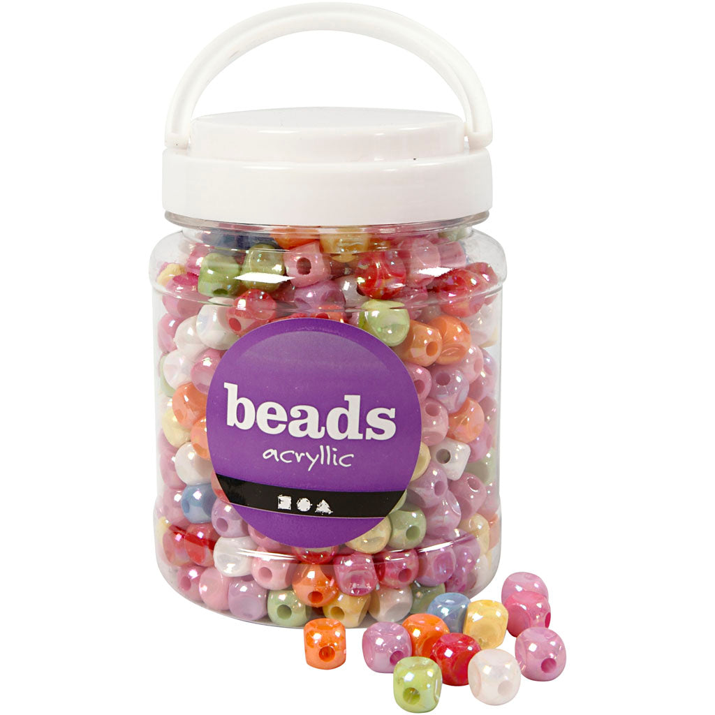 Dice Beads, size 10x10 mm, hole size 4 mm, ca. 520 pc, assorted colours, 400 g, 700 ml/ 1 tub