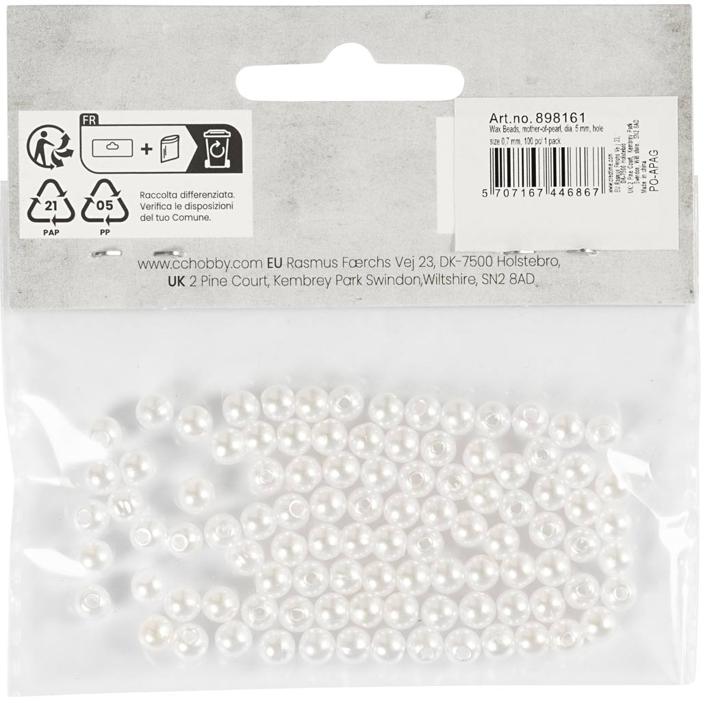 Wax Beads, dia. 5 mm, hole size 0,7 mm, mother-of-pearl, 100 pc