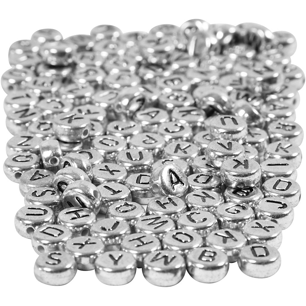 Letter Beads, dia. 7 mm, hole size 1,2 mm, ca. 1500 pc, silver, 165 g