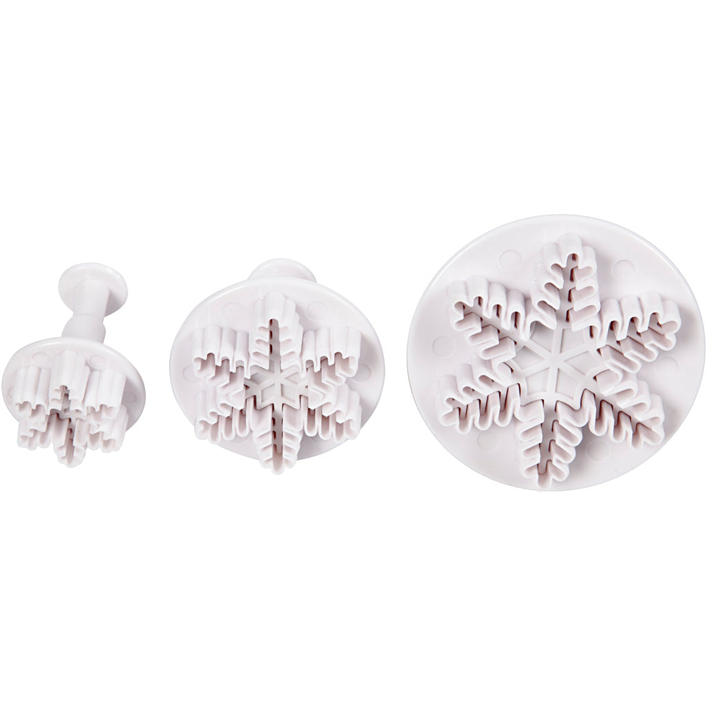 Embossing Cookie Cutters, snowflake, dia. 3,2+4,8+6,5 cm, white