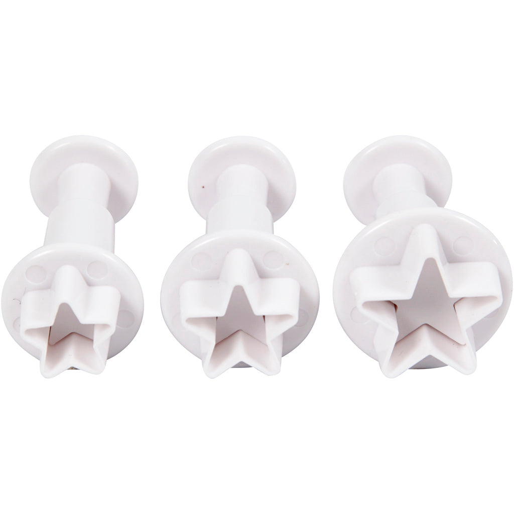 Embossing Cookie Cutters, star, dia. 2,1+2,3+2,6 cm, white