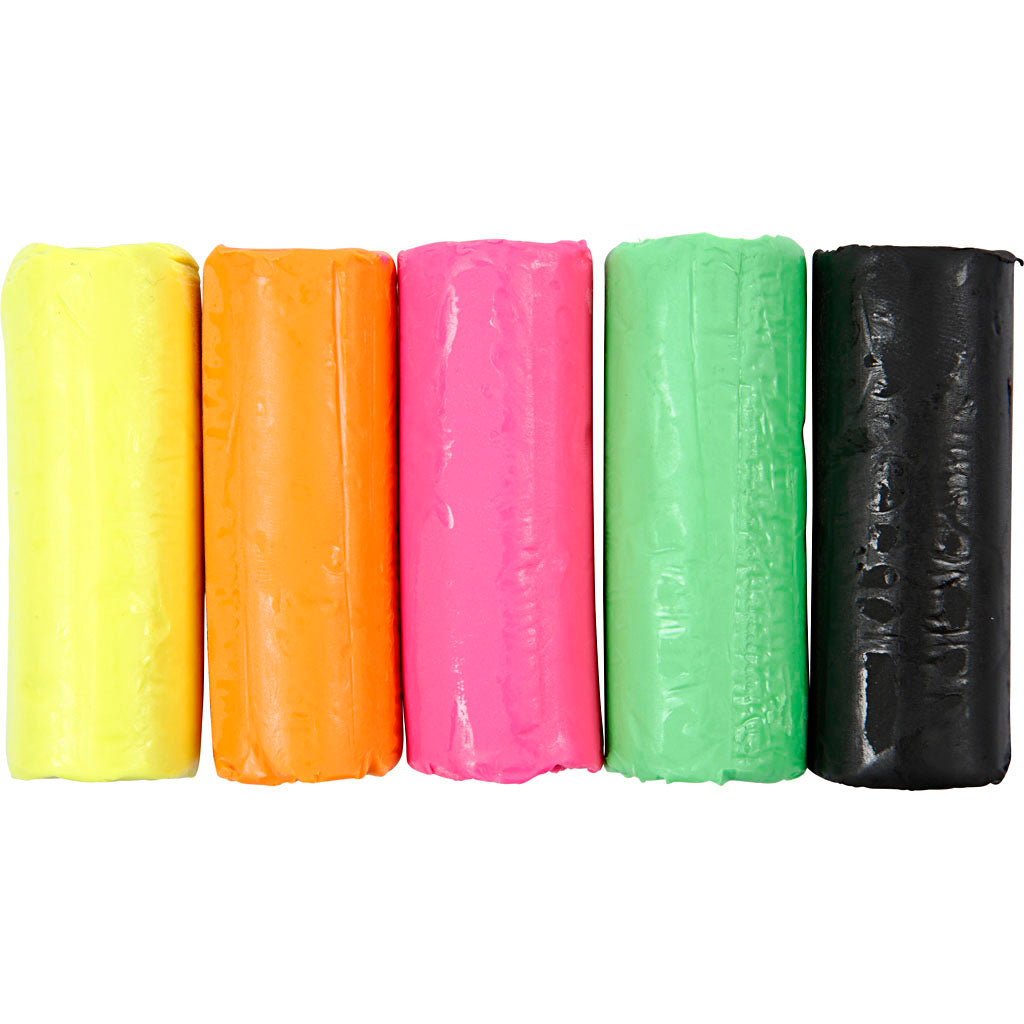 Modelling Clay, H: 9,5 cm, neon colours, 5x80 g/ 1 bucket
