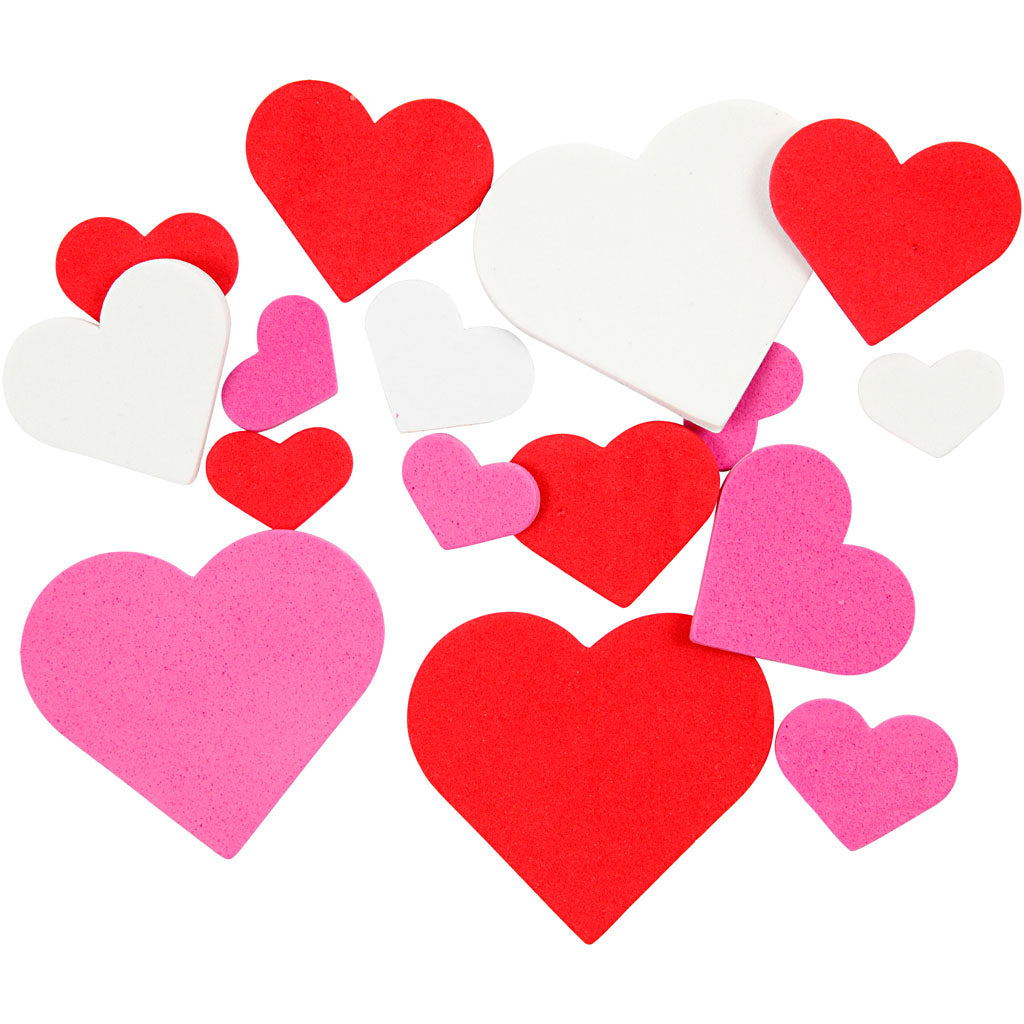 Foam Heart Stickers , size 20-50 mm, thickness 2 mm, assorted colours, 200 pc