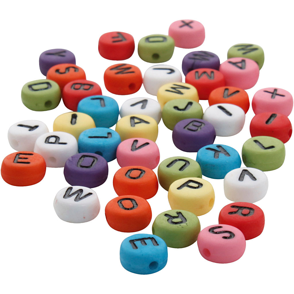 Round letter beads, dia. 7 mm, hole size 1-2 mm, thickness 4 mm, assorted colours, 500 g