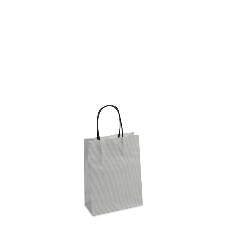 Papiertragetaschen mit gedrehte Griffe und Bodenkarton 14+7x19 cm Silber (250 Stück) [FP-007019]