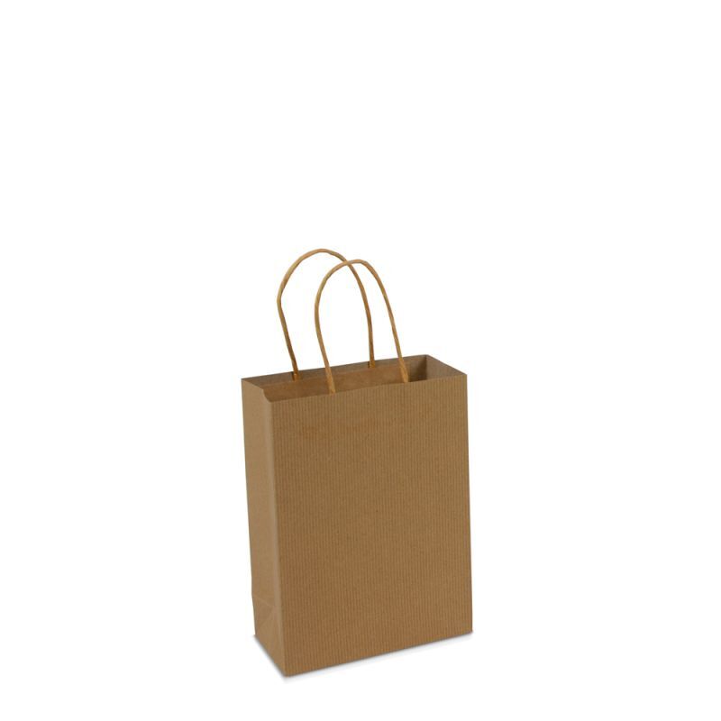 Papiertragetaschen mit gedrehte Griffe und Bodenkarton 14+7x19 cm Braun (100 Stück) [FP-008019]
