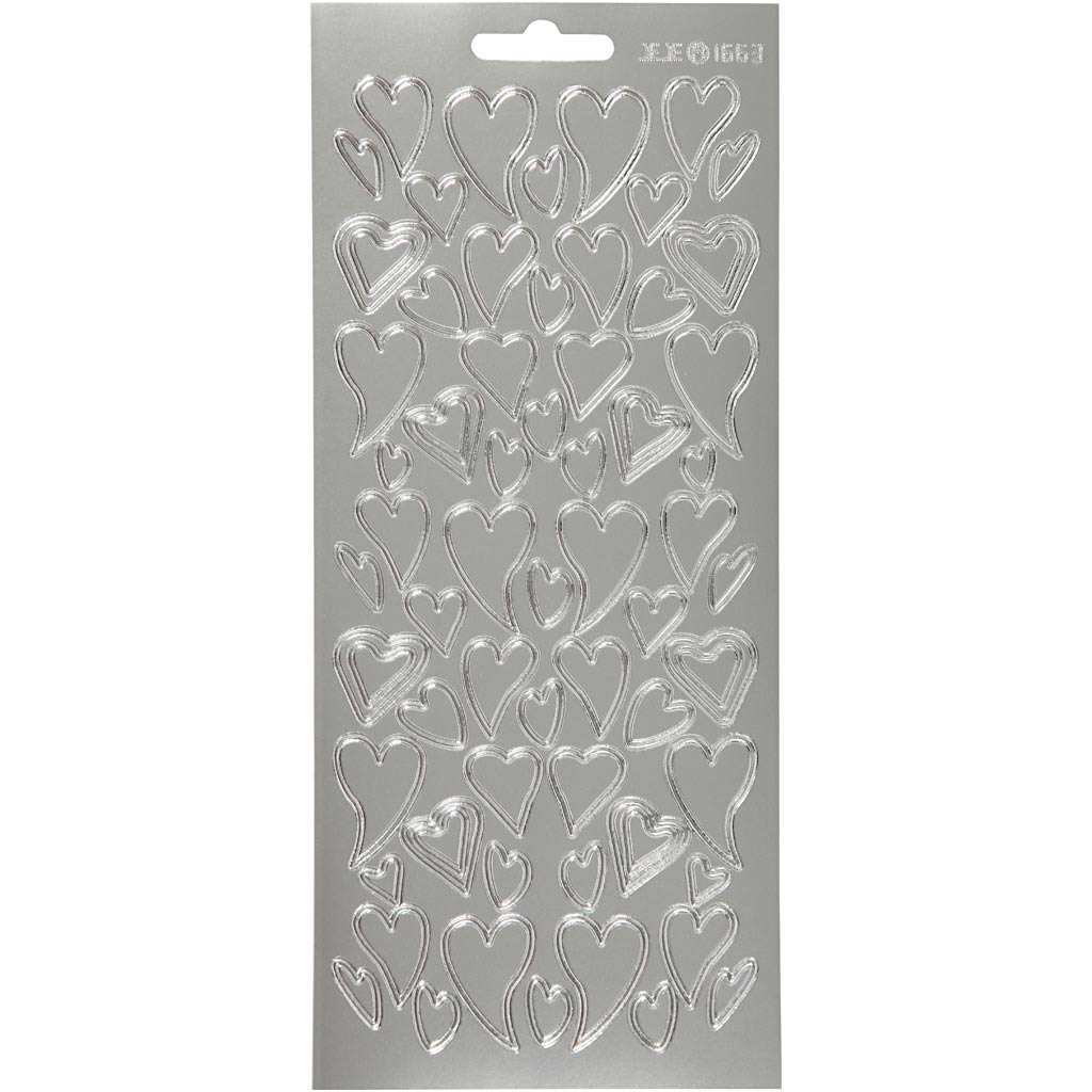 Stickers, hearts, sheet 10x23 cm, silver, 1 sheet