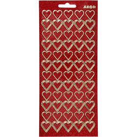Sticker, Herzen, Blatt 10x23 cm, Gold, Rot mit Glitter, 1 Bl. [HOB-170019]