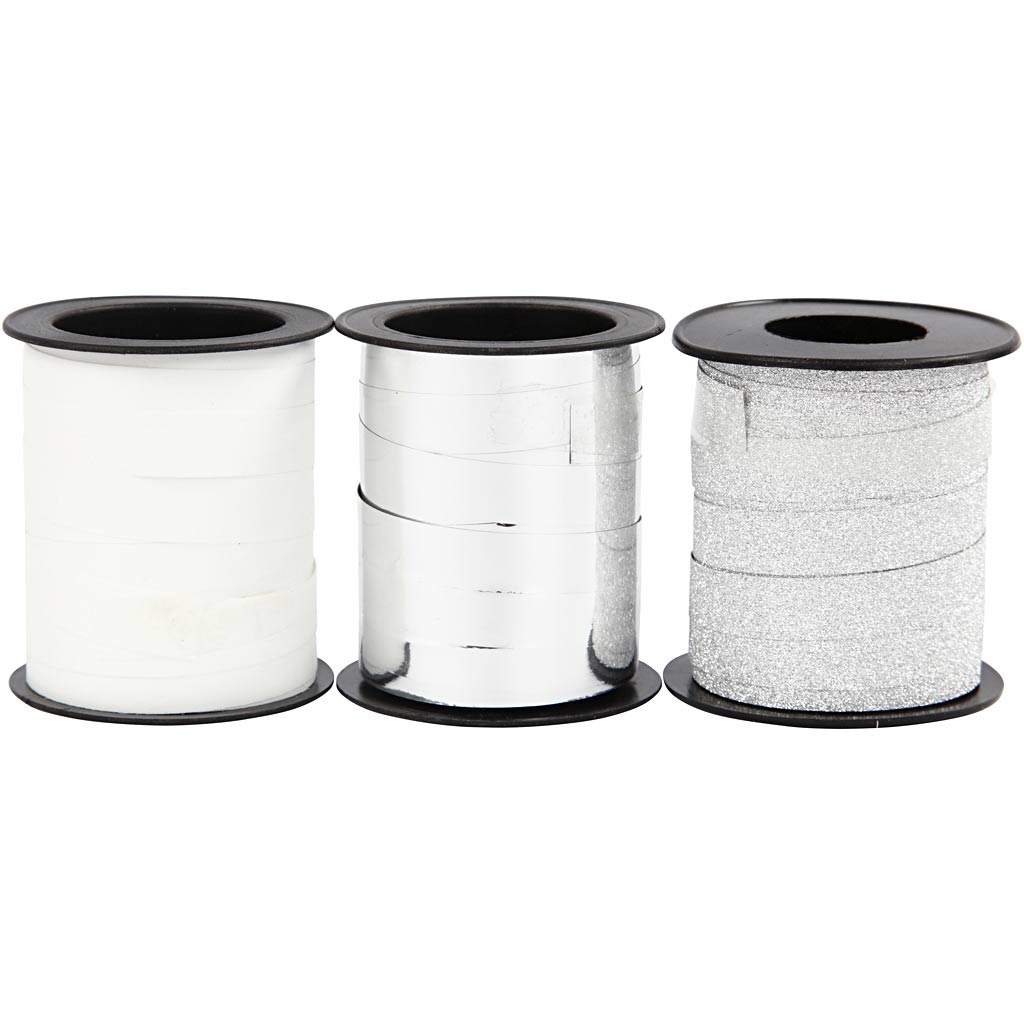 Curling Ribbon, W: 10 mm, silver, glitter silver, white, 3x15 m