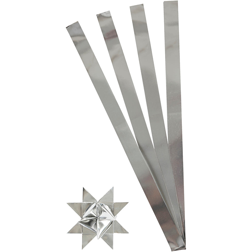 Paper Star Strips, L: 73 cm, dia. 11,5 cm, W: 25 mm, silver, 100 strips