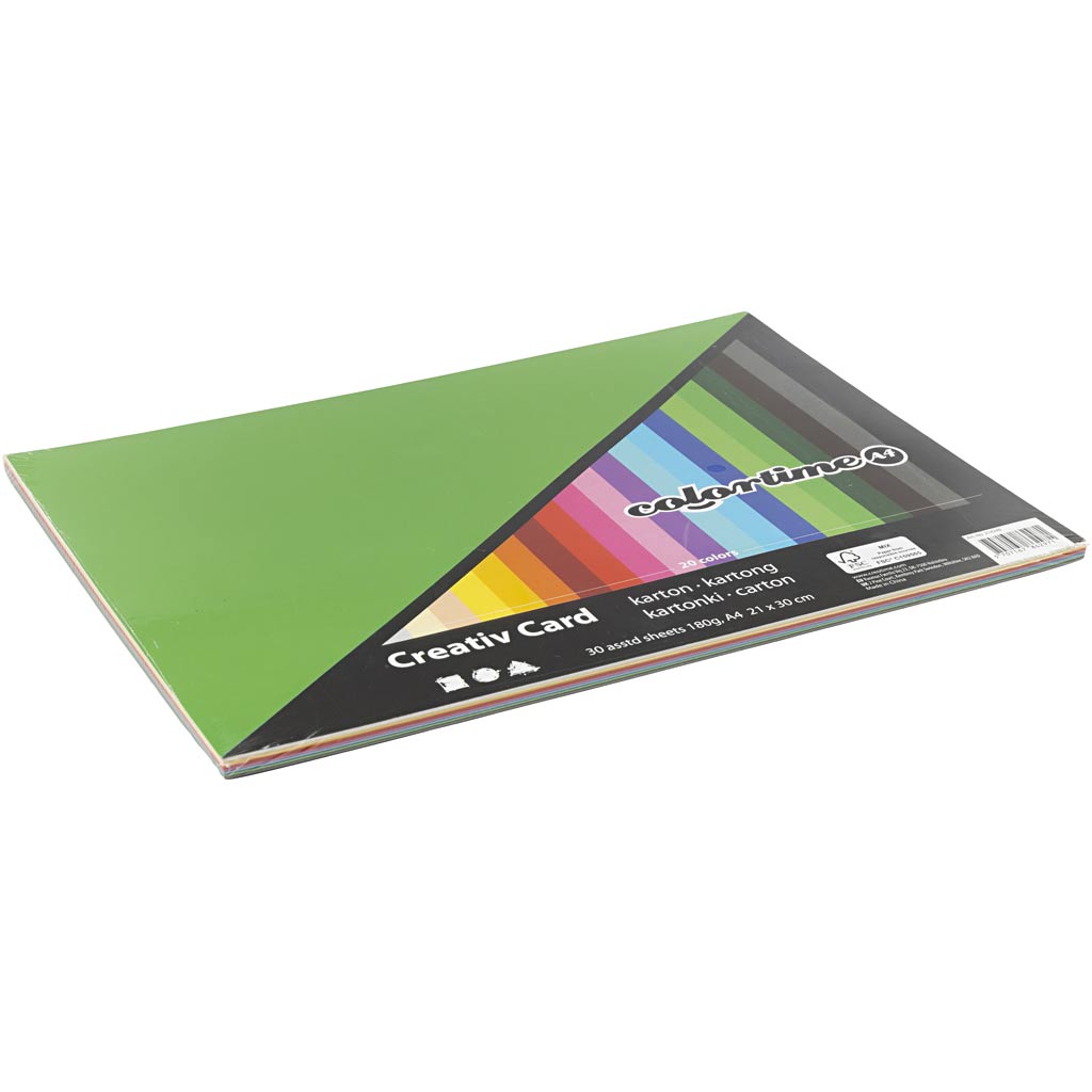 Bastelkarton, farbig, A4, Blatt 210x297 mm, 180 g, Sortierte Farben, 30 Bl. sort./ 1 Pck [HOB-214240]