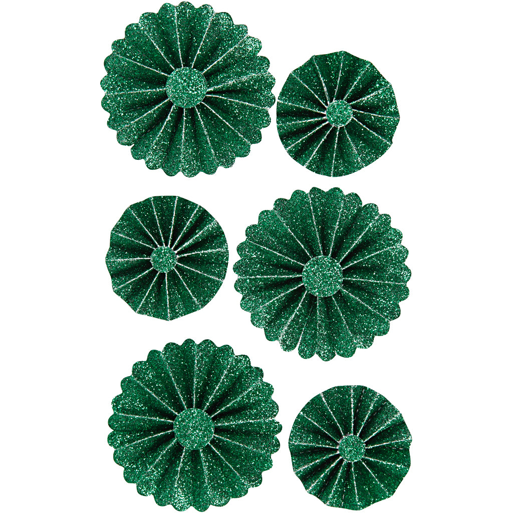 Paper Rosettes, dia. 35+50 mm, green glitter, 6 pc