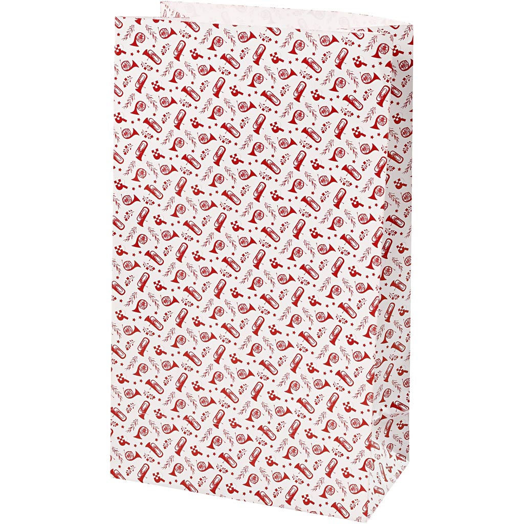 Paper Bag, trumpet, H: 21 cm, size 6x12 cm, 80 g, red, white, 8 pc