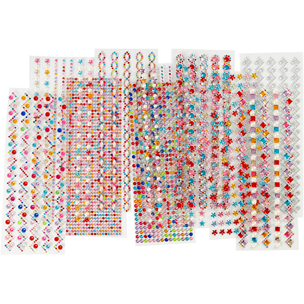 Rhinestones, dia. 2-10 mm, sheet 27x9 cm, Content may vary , 12 ass sheets