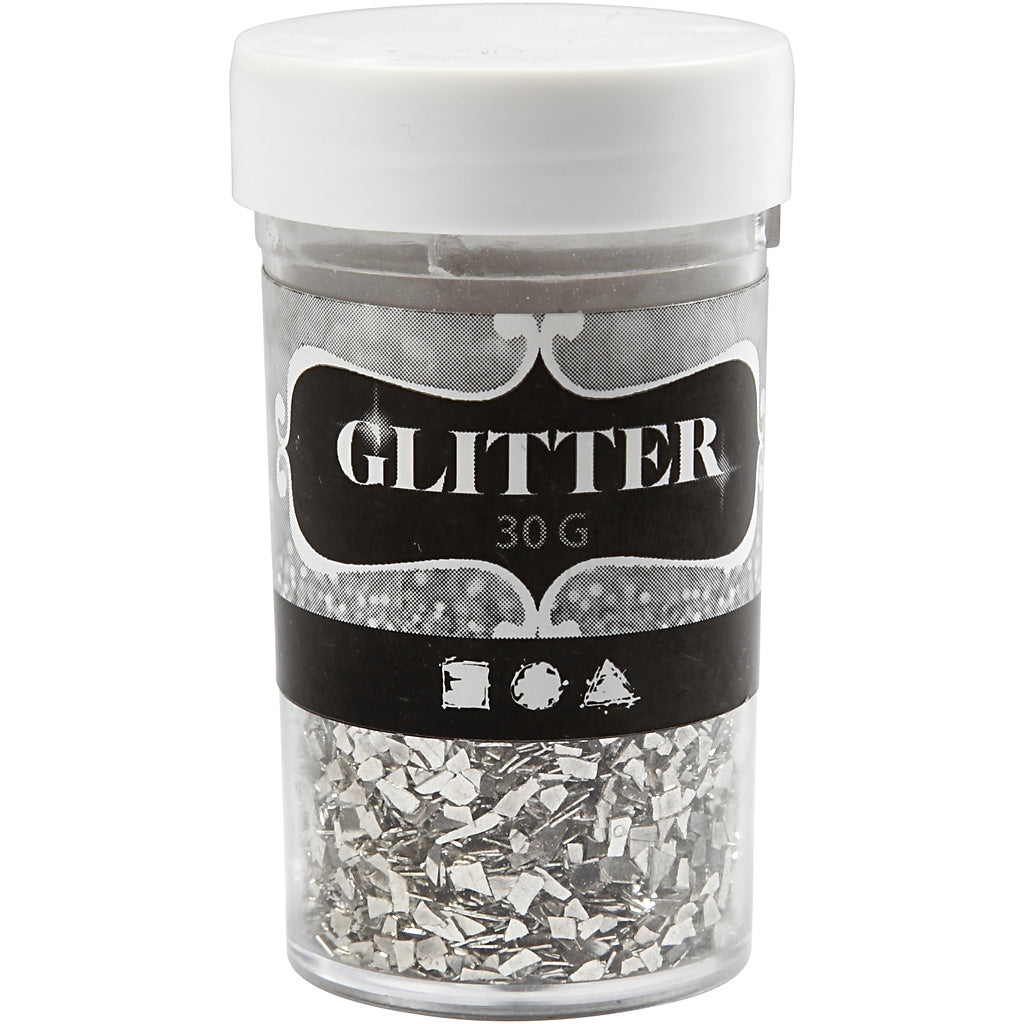 Glitter, size 1-3 mm, silver, 30 g/ 1 tub
