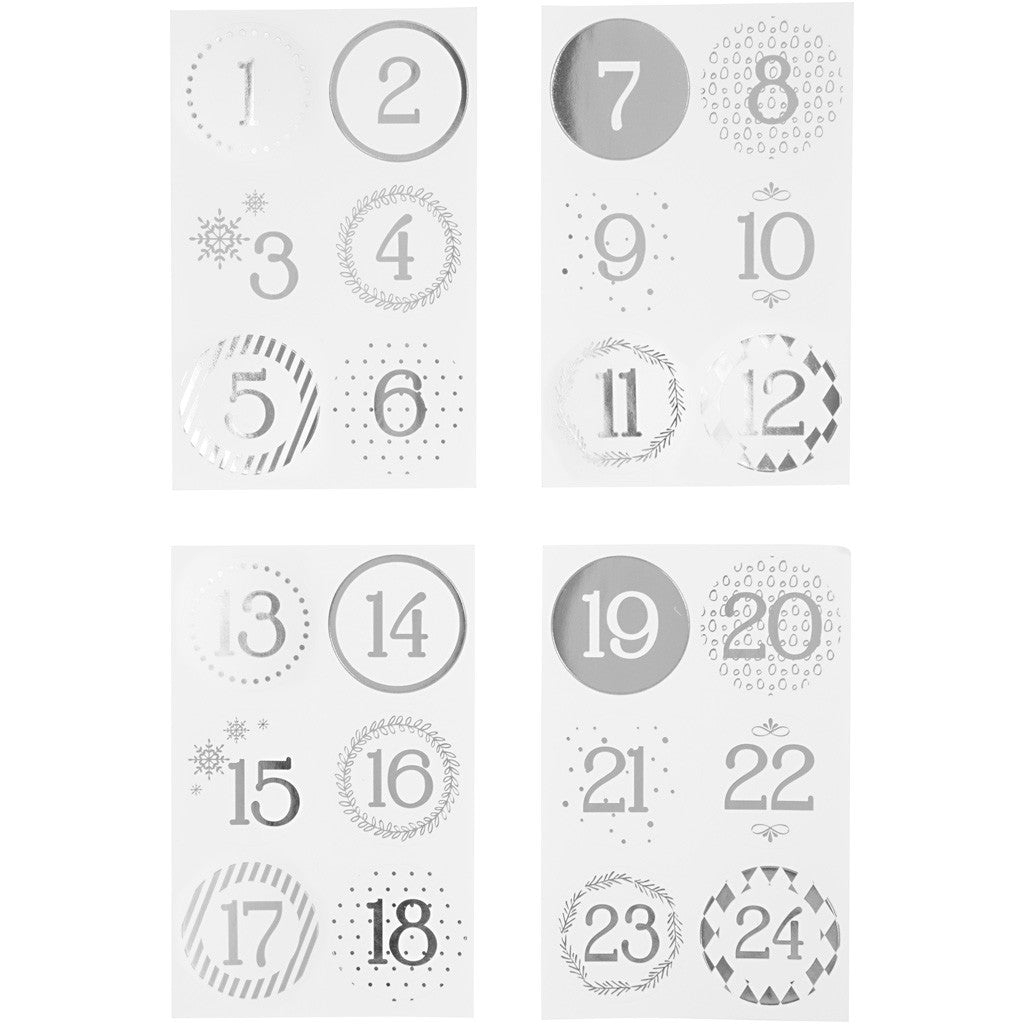 Sticker für Adventskalender, D 40 mm, Blatt 9x14 cm, Silber, Weiß, 4 Bl./ 1 Pck [HOB-28458]