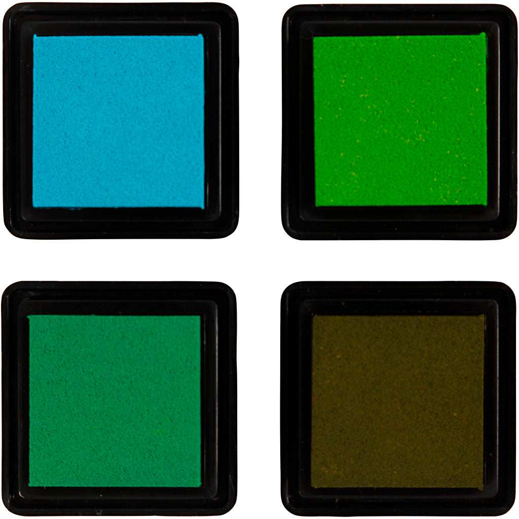 Stempelkissen, H 2 cm, Größe 3,5x3,5 cm, Grün, Hellgrün, Olivgrün, Aqua, 4 Stk/ 1 Pck [HOB-285343]