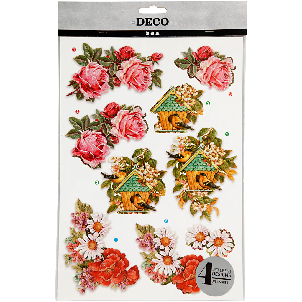 3D-Découpage-Motive, Blumen und Vögel, Blatt 21x30 cm, 4 Bl./ 1 Pck [HOB-28701]