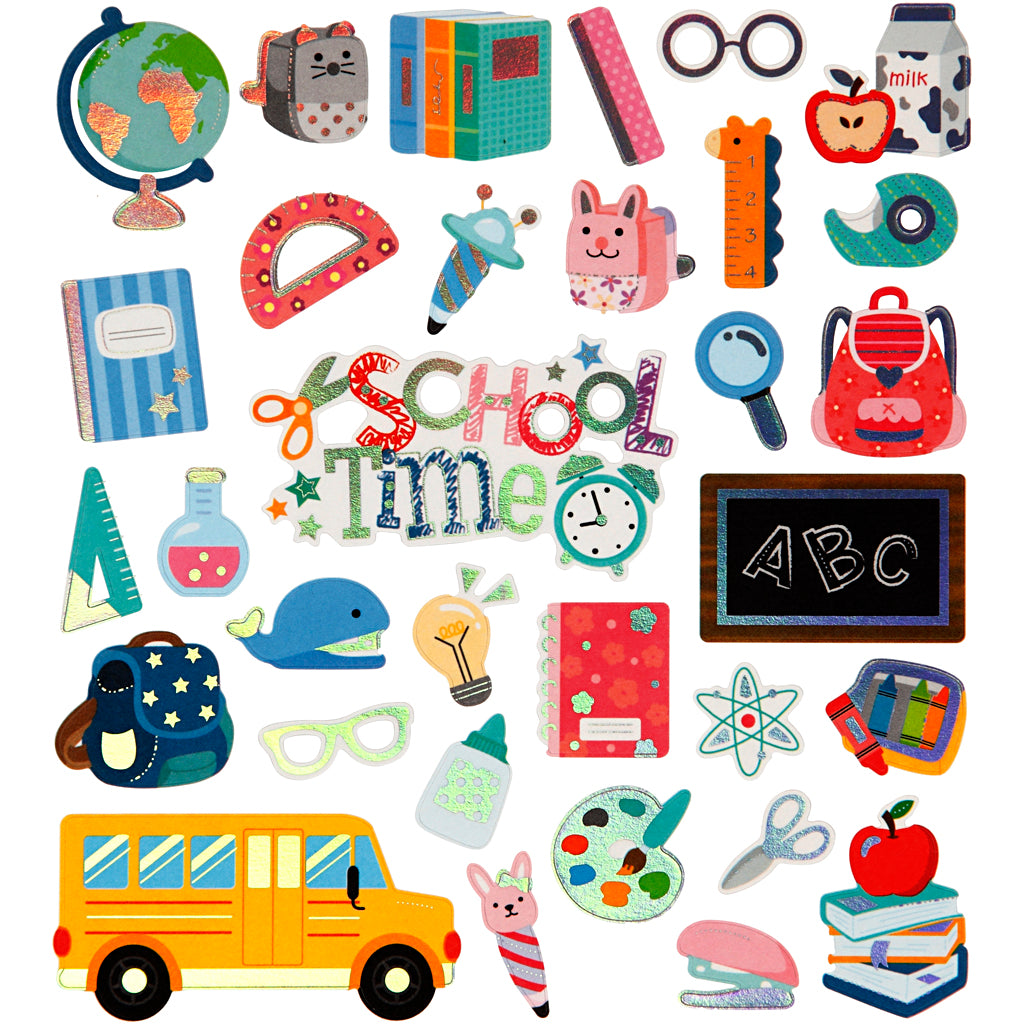 Stickers, back to school, sheet 15x16,5 cm, ca. 32 pc, 1 sheet