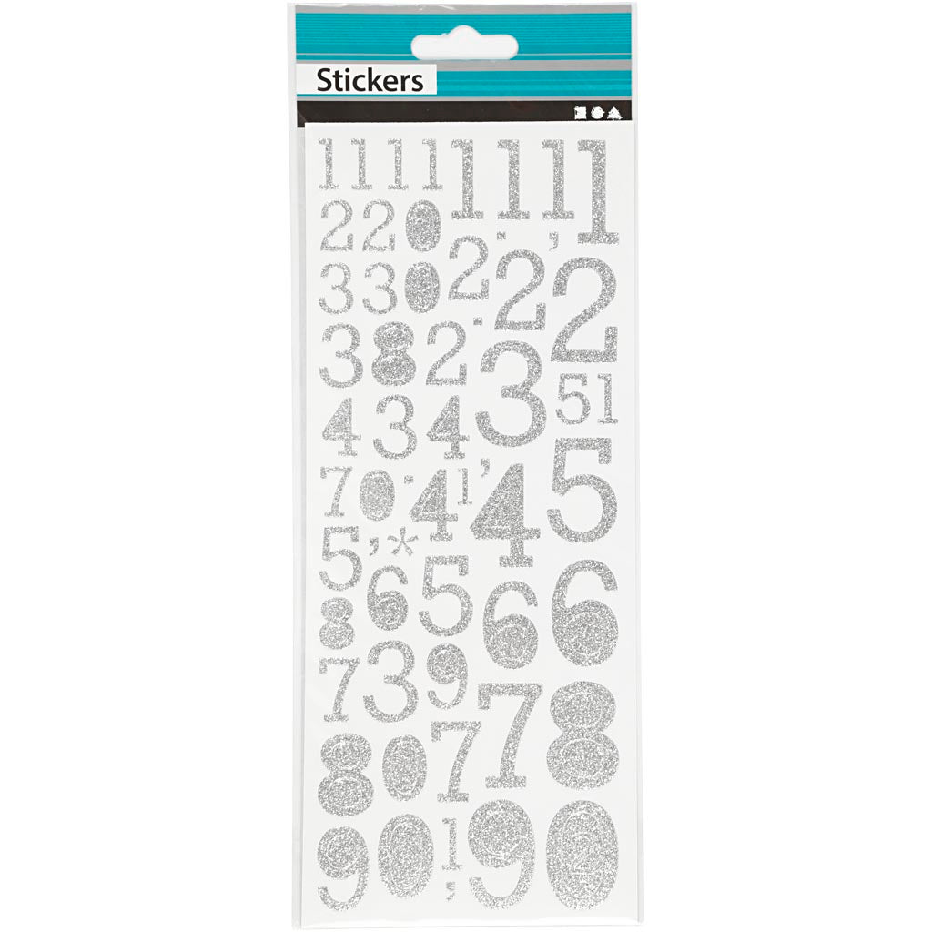 Glitzeraufkleber, Zahlen, Blatt 10x24 cm, Silber, 2 Bl./ 1 Pck [HOB-29109]